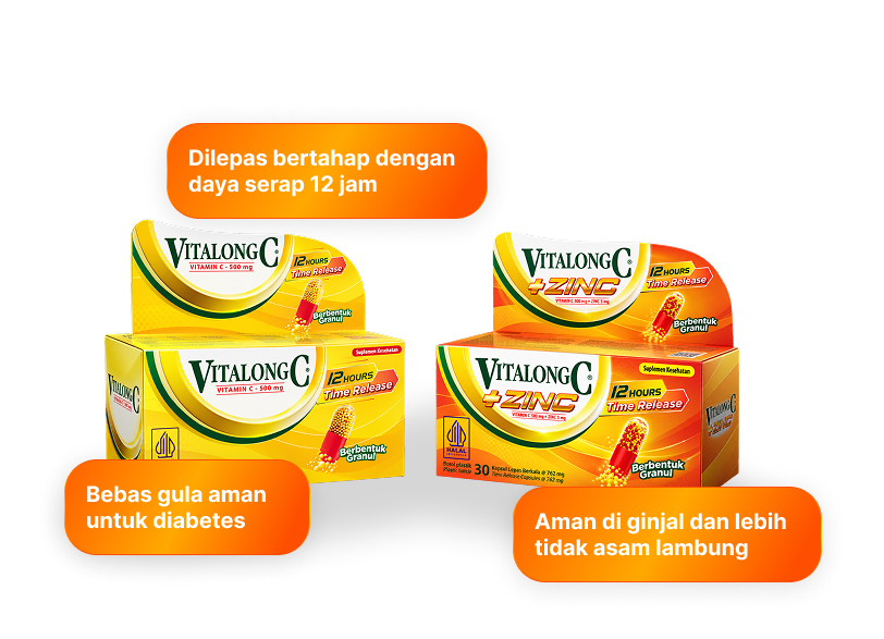 Banner Vitalong C dengan kemasan tablet dan sachet