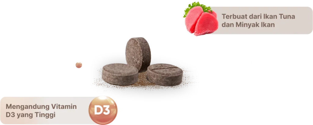 Tablet kunyah Great D dengan keterangan terbuat dari ikan tuna dan minyak ikan serta mengandung vitamin D3 yang tinggi