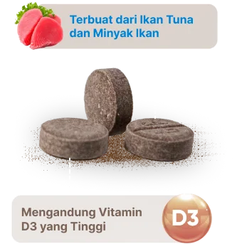 Tablet kunyah Great D dengan keterangan terbuat dari ikan tuna dan minyak ikan serta mengandung vitamin D3 yang tinggi