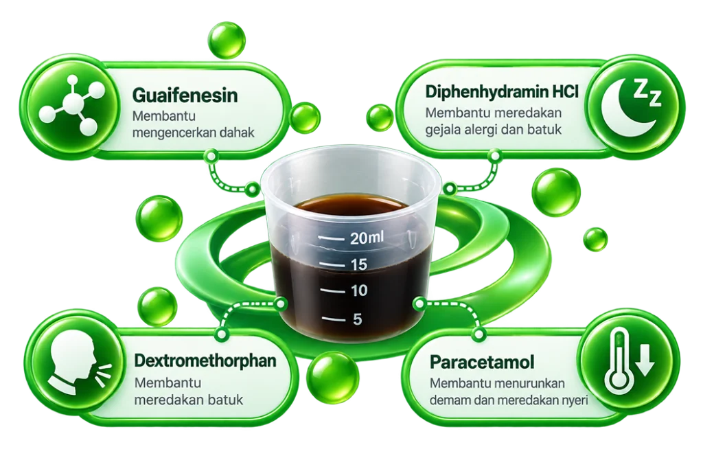 Kandungan Kontrabat: guaifenesin, diphenhydramin HCl, dextromethorphan, dan paracetamol