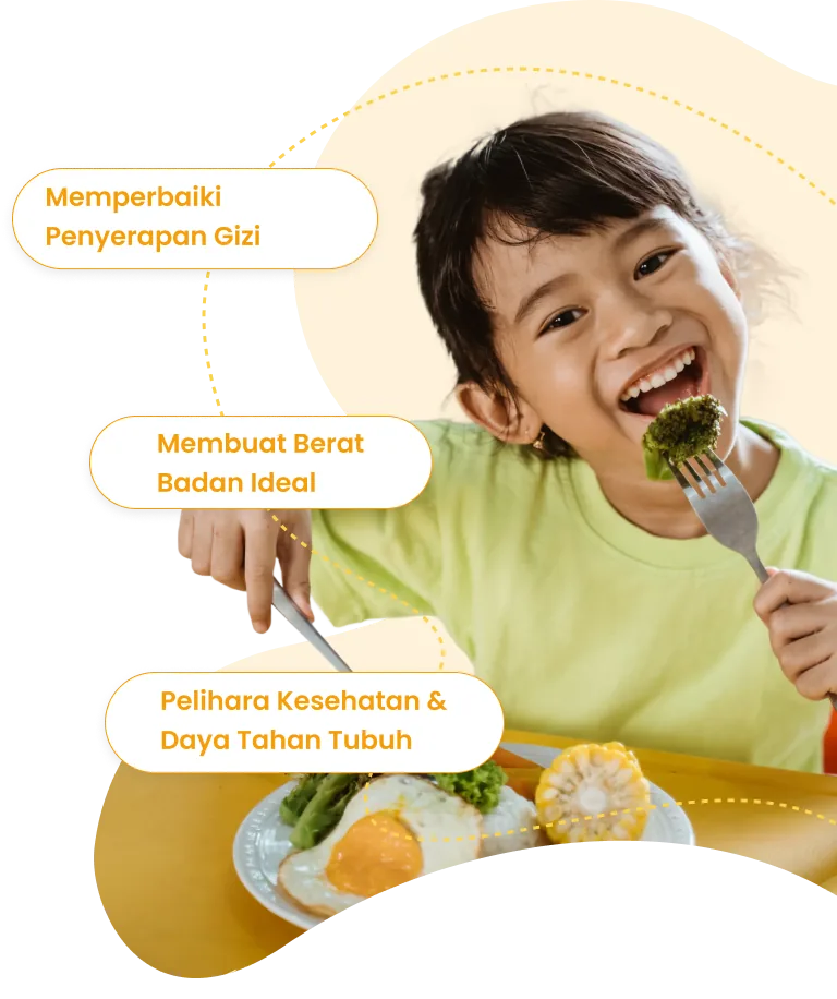 Anak sedang makan dengan keterangan memperbaiki penyerapan gizi, membuat berat badan ideal, serta pelihara kesehatan dan daya tahan tubuh