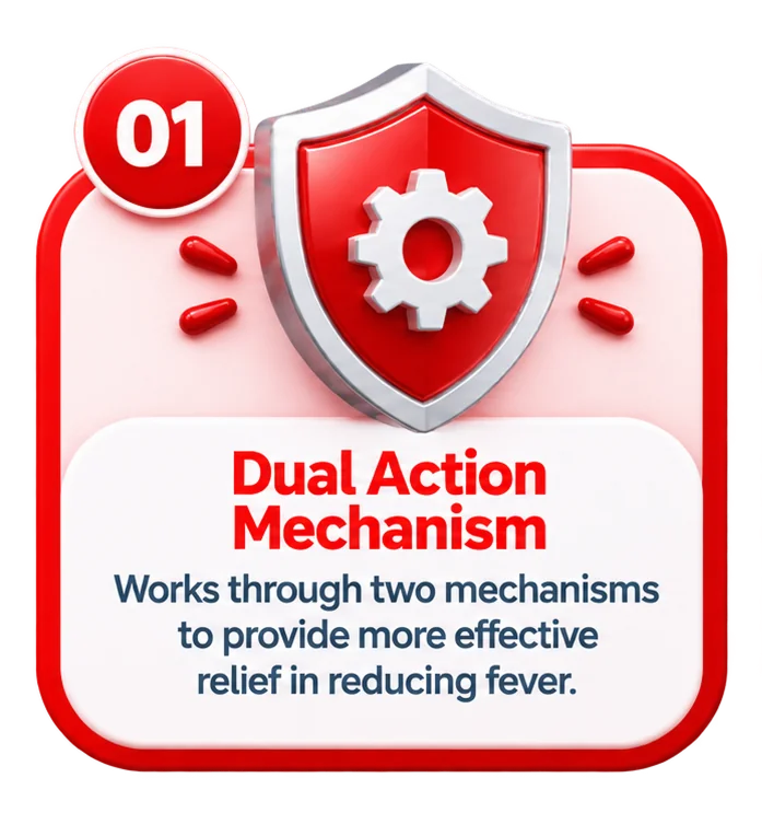 Dual action mechanism, works through two mechanisms to provide more effective relief in reducing fever