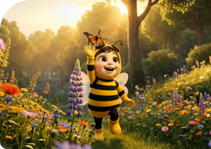 Cuplikan video Biolysin Vitahoney dengan maskot lebah di taman bunga